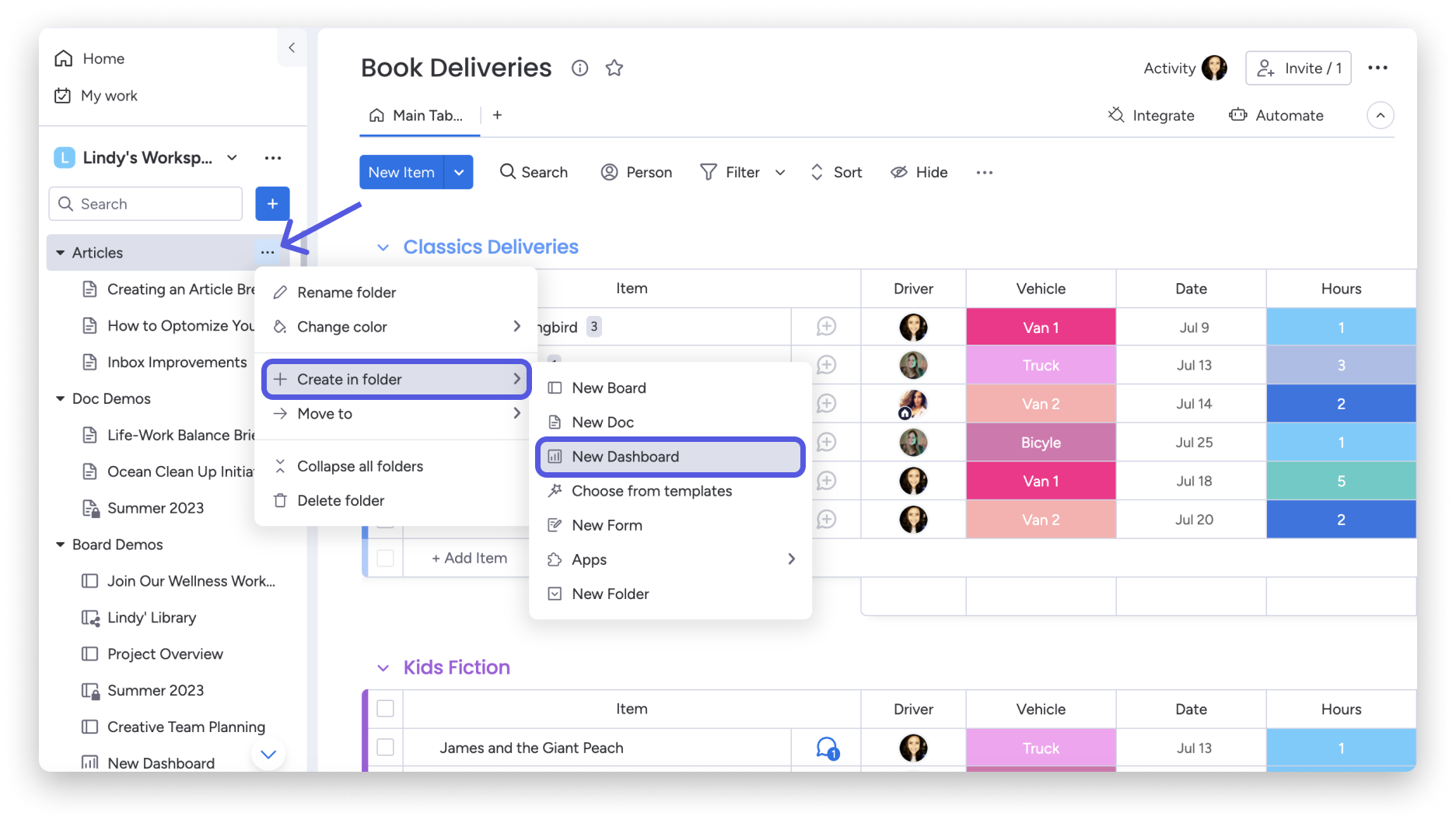Monday CRM dashboard showing the “Book Deliveries” board with a sidebar menu open, highlighting the option to create a new dashboard from within a folder.